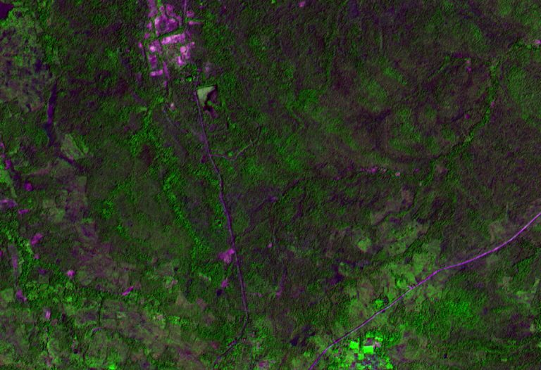 “Image composite created from Aster satellite sources. It has Koh Ker at the end of the purple road going to North where the Rahal reservoir could be observed. It was used for vegetation mapping as a part of site management planning process.”